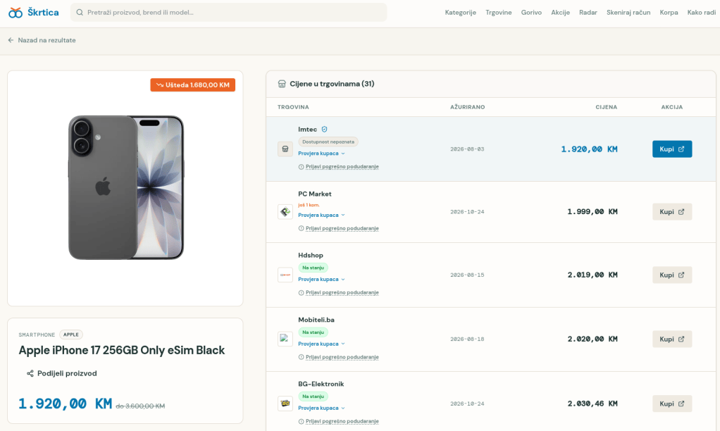 Škrtica.ba compares offers from multiple Bosnian online retailers, helping consumers find competitive prices.